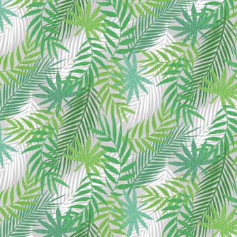 Dschungel Motivstoff mit großen Blättern. Monstera & Farn- Blätterstoff mit "Dream Big by Anne Rowan" auf Grau 