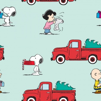 Snoopy Motivstoff - Original Peanuts Lizenzstoff - Snoopy Red Pick Up Christmas Comicstoff Meterware 