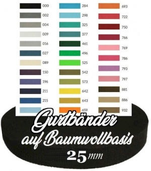 Diverse Farben 25mm Baumwoll-Gurtband - 80/20 Gurtbänder Baumwolle / Polypropylen - 1 inch / 2,5cm 