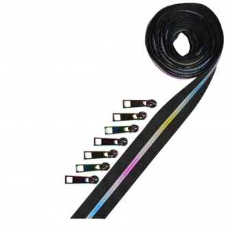 Regenbogen Metallic & Schwarz Endlosreißverschluss & Zupfer - Rainbow Iridescent / Black Zipper mit Metalliczähnen 
