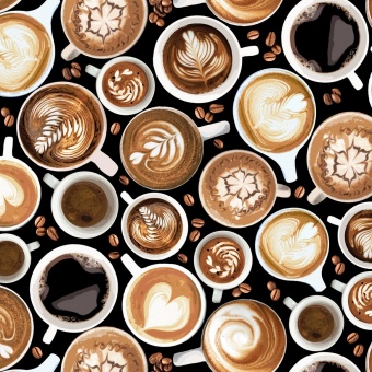 Cappuccino. Café Crema, Espresso & Latte Macchiato Motivstoff - Black Frseh Brew Coffee Kaffeestoff - Barista Küchenmotive von Timeless Treasures 