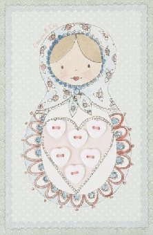 Weiße Herzchenknöpfe auf Matroschka-Karte - Shabby Chic Herzknöpfe - Vintage Herzchenknöpfe Matrioschka - 12mm 