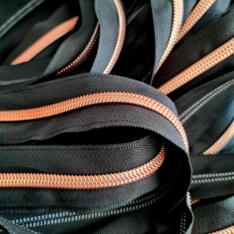 METERWARE Metallisierter, Endlosreißverschluss Schwarz & Kupfer -  Black & Roségold Handbag Zipper mit Metalliczähnen in Silberoptik No. 5 