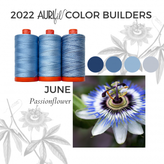 2022 Aurifil Color Builders - Rainforest Flora BOM &  Aurifil 50 wt. Garnsortimente Passionflower Set - Juni Garnbox