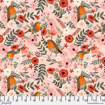 Pink Lovely Robins Vogelstoff mit Blümchen & Rotkehlchen - Bird Garden by Mia Charro Designerstoff  - FreeSpirit Fabrics Patchworkstoffe 
