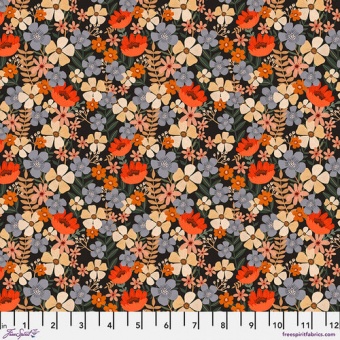Charcoal Laida Floral Blümchenstoff  - Bird Garden by Mia Charro Designerstoff  - FreeSpirit Fabrics Patchworkstoffe 