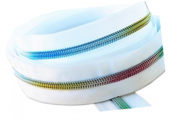 METERWARE Regenbogen Metallic & Weiß Endlosreißverschluss - Rainbow Iridescent / White Zipper mit Metalliczähnen 