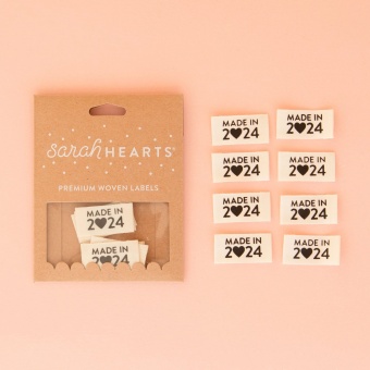 Made in 2024 Bio-Baumwoll-Labels - Sarah Hearts Organic Cotton Webetiketten - Premium Woven Labels - Tied with a Ribbon Limited Edition 
