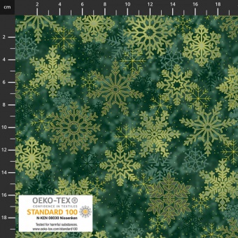 Grün-Goldener Weihnachtsstoff mit Schneeflocken - Frost Snowflake Weihnachtsstoffe - STOF Metallicstoffe 