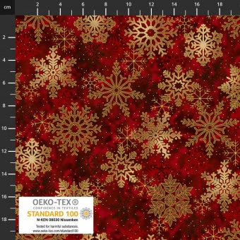 Dunkelrot-Goldener Weihnachtsstoff mit Schneeflocken - Frost Snowflake Weihnachtsstoffe - STOF Metallicstoffe 