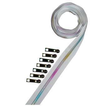 Regenbogen Metallic & Weiß Endlosreißverschluss & Zupfer - Rainbow Iridescent / White Zipper mit Metalliczähnen 